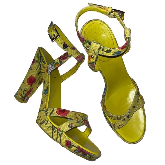 GUCCI Flora Sandals Yellow Floral Canvas EU 38.5 Platform Multicolor Heels Box - Picture 2 of 15